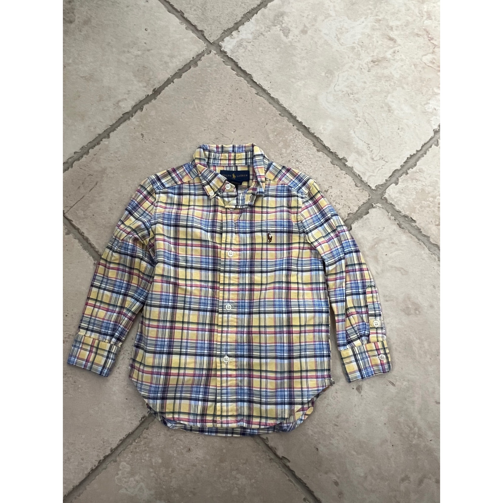 Ralph Lauren Boys 3t Plaid Button Down Shirt Long Sleeve Yellow Blue
